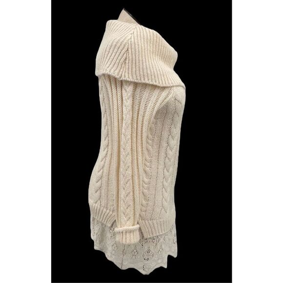 Knox Rose Cream Knit Cowl Neck Lace Hem Sweater Size Large Chunky Cable Knit - Picture 2 of 5